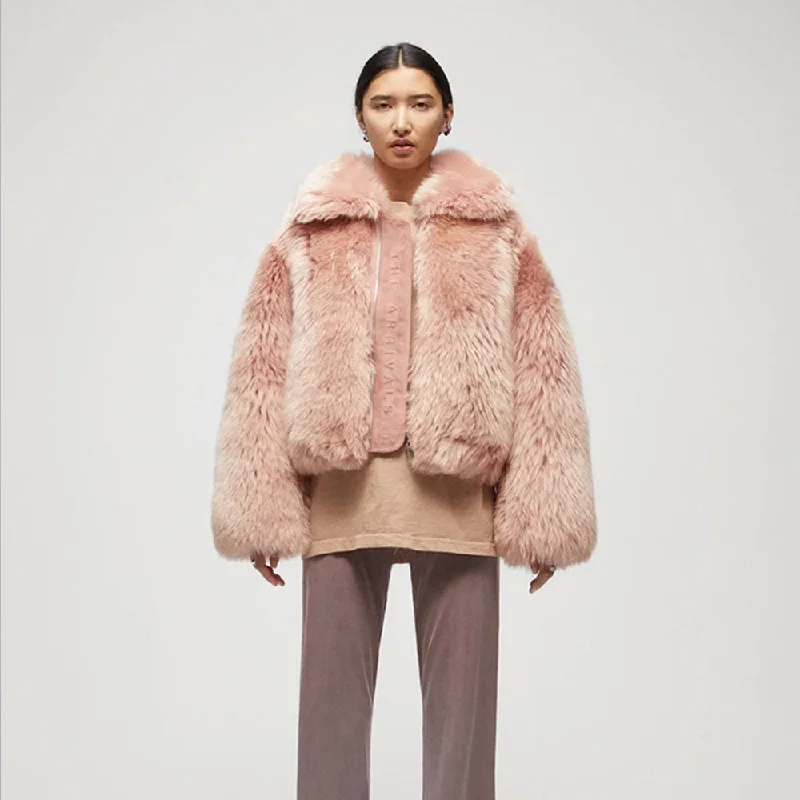 Womens Pink Shearling Short Fox Fur Leather Jacket Zippered Front Buttoned Front Snap Front Womens Pink Shearling Short Fox Fur Leather Jacket Zippered Front Buttoned Front Snap Front