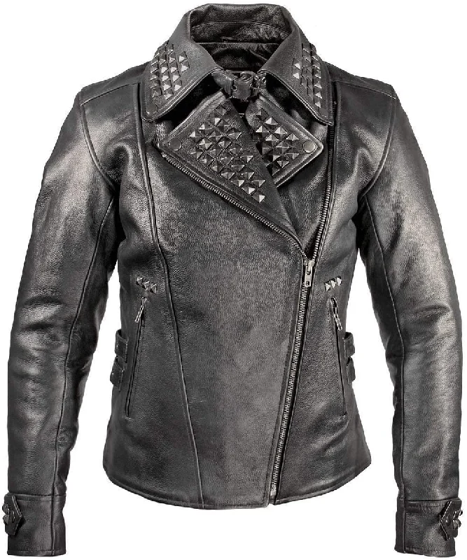 Xelement XS-783 Women's Black Leather Punk Studded Jacket Welt Pockets Slit Pockets Flap Pockets Xelement XS-783 Women's Black Leather Punk Studded Jacket Welt Pockets Slit Pockets Flap Pockets