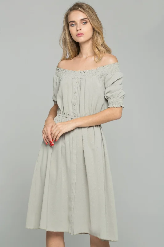 Green Cotton Off-The-Shoulder Ruched Pleat Mini Dress Cozy Cowl Neck Mini Dress