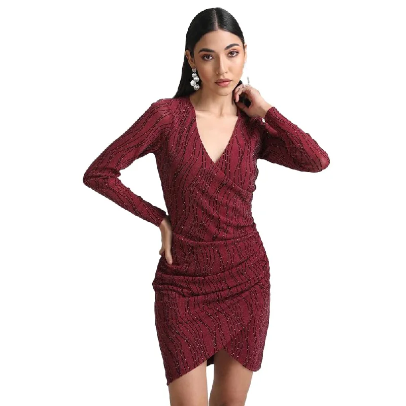 Kazo Abstract Georgette V Neck Women's Mini Dress (Black) Elegant Lace-Up Mini Dress