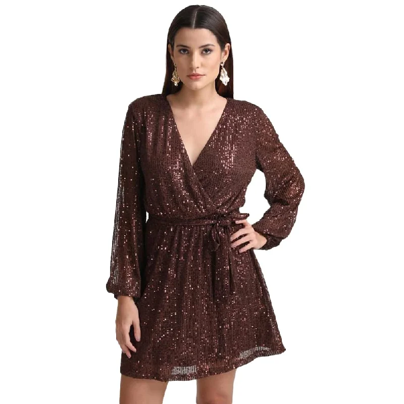 Kazo Abstract Satin V Neck Women's Mini Dress (Brown) Trendy Floral Mini Dress