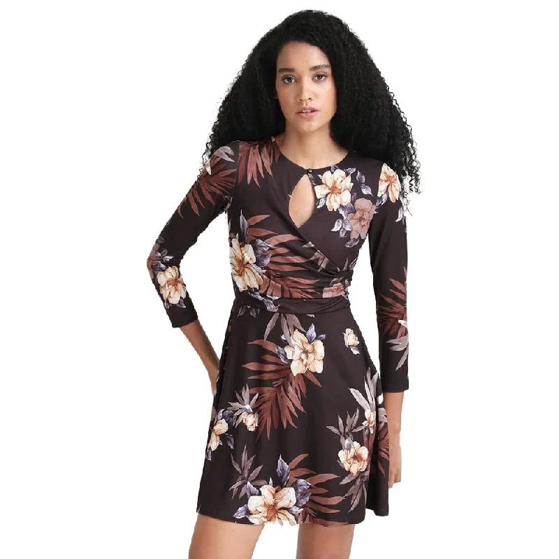 Kazo Crochet Poly Blend Round Neck Women's Mini Dress (Brown) Chic Puff Sleeve Mini Dress