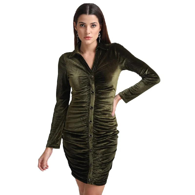 Kazo Embellished Velvet Cowl Neck Womens Mini Dress (Olive) Casual Mini Dress with Pockets