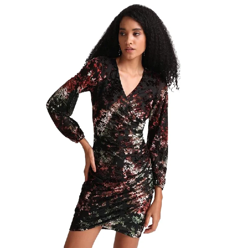 Kazo Floral Poly Blend V Neck Women's Mini Dress (Blackl) Fashionable Lace Mini Dress