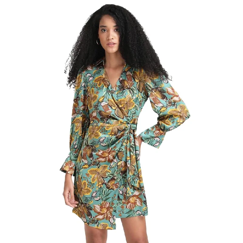 Kazo Floral Polyester Blend Collar Neck Women's Mini Dress (Grey) Classic Striped Mini Dress