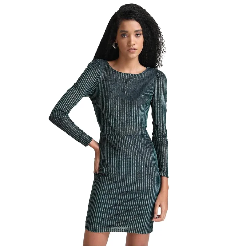 Kazo Stripes Satin Boat Neck Women's Mini Dress (Green) Elegant Sequin Mini Dress