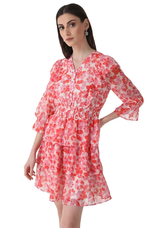 Kazo Women's Chiffon Fit and Flare Mini Dress (Pink White Combo) Elegant Floral-Print Mini Dress