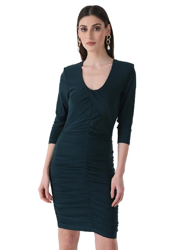 Kazo Women's Polyester Bodycon Mini Dress (Evergreen) Comfortable Boho Mini Dress