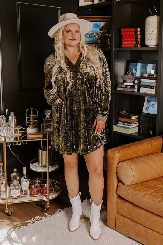 Midnight Kiss Velvet Mini Dress In Army Green Curves Fashionable Button-Front Mini Dress