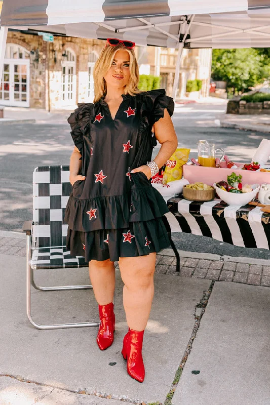 Under The Stadium Lights Ruffle Mini Dress in Black Curves Classic Solid Mini Dress
