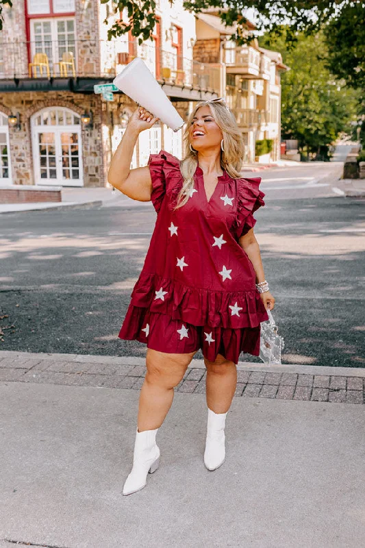 Under The Stadium Lights Ruffle Mini Dress in Maroon Curves Trendy Crossover Mini Dress