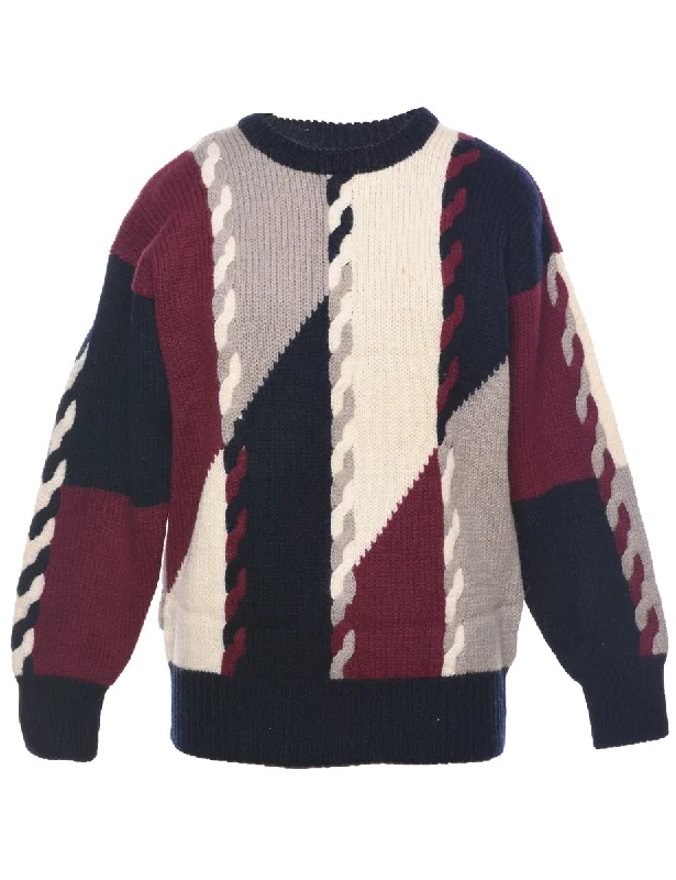 Colour Block Cable Knit Jumper - M Fleece Fabric Down Fabric Feather Fabric