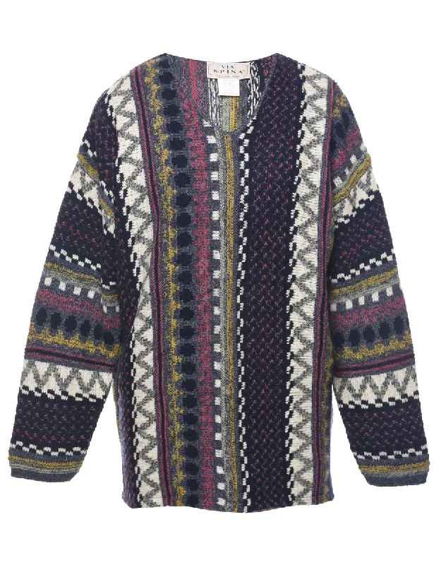 Geometric Pattern Jumper - L Graphic Sweater Embroidered Appliqued