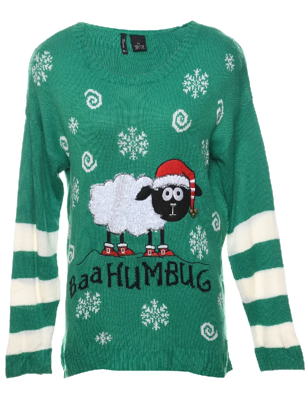 Green Sheep Design Christmas Jumper - L Spandex Rayon Corduroy