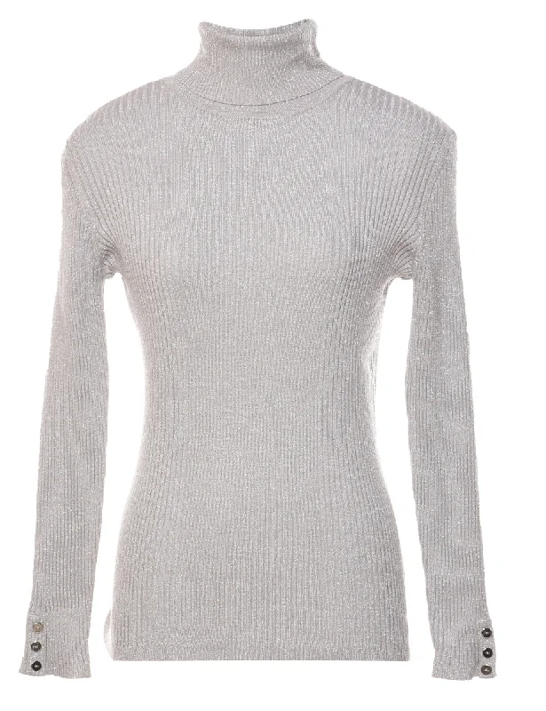 Lurex Thread Pattern Turtleneck Jumper - M Houndstooth Herringbone Solid