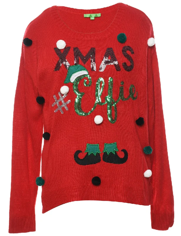 Red Christmas Jumper - XL Solid Print Embellished