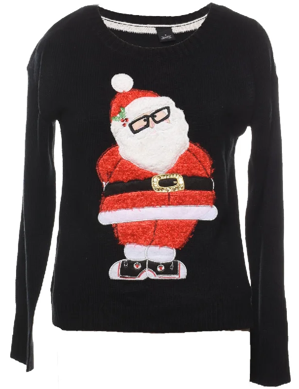 Santa Claus Design Black, Red & White Christmas Jumper - S Handmade Hand-knitted Hand-woven
