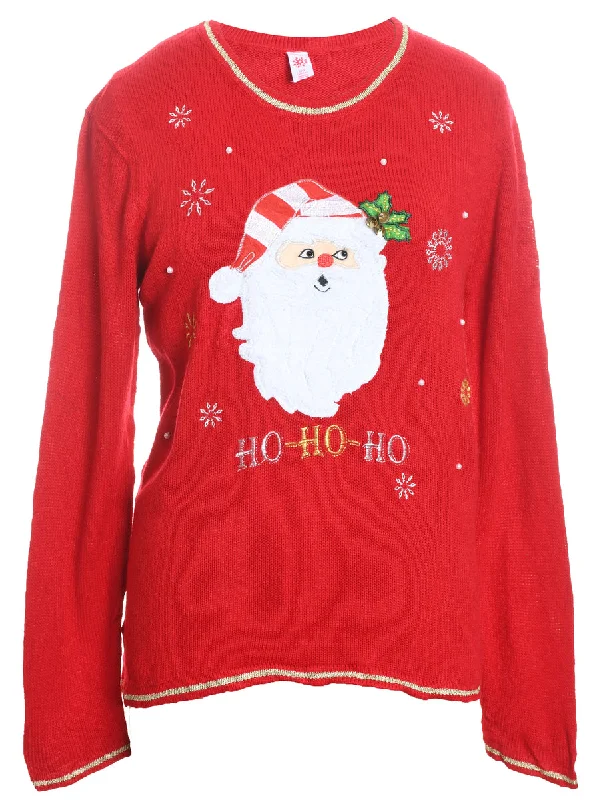 Santa Claus Design Red Embroidered Christmas Jumper - L Embroidered Appliqued Beaded