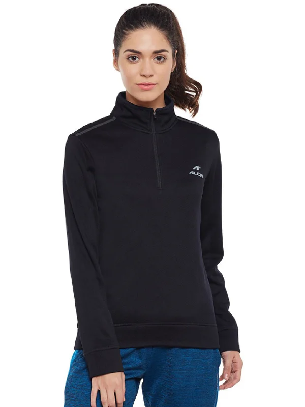 Alcis Women Black Solid Sweatshirt 339WSS318 Hoodie Jacket Zipper Layering