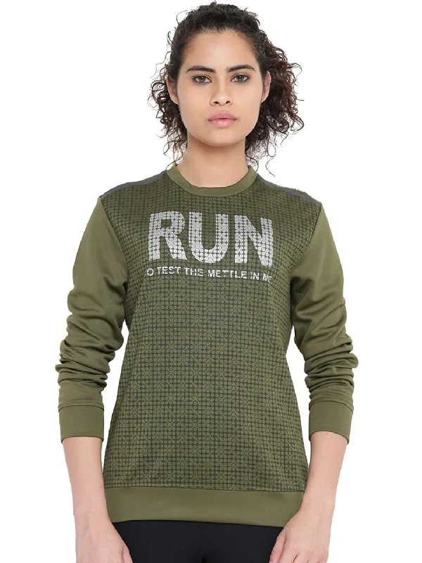 Alcis Women Olive Green Printed Sweatshirt 237WSS077 Hoodie with Ribbed Hem Stretchable Secure Alcis Women Olive Green Printed Sweatshirt 237WSS077 Hoodie with Ribbed Hem Stretchable Secure