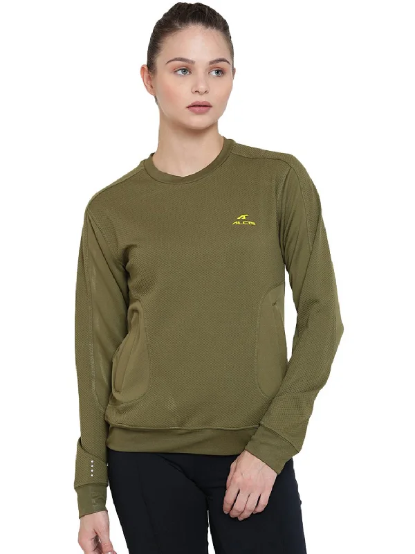 Alcis Women Olive Green Solid Sweatshirt 234WSS071 Hoodie with Camouflage Military Edgy