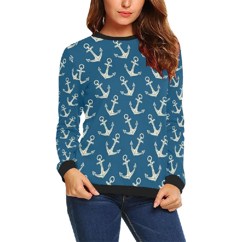 Anchor Nautical Print Pattern Women Crewneck Sweatshirt Hoodie with Rhinestones Sparkly Elegant Anchor Nautical Print Pattern Women Crewneck Sweatshirt Hoodie with Rhinestones Sparkly Elegant