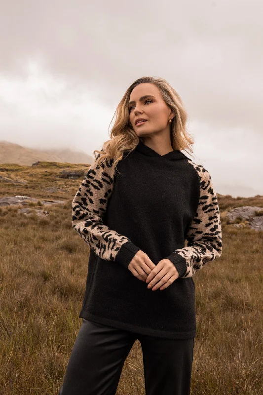 Animal Printed Knitted Hoodie Hoodie with Hem Frayed Vintage Worn