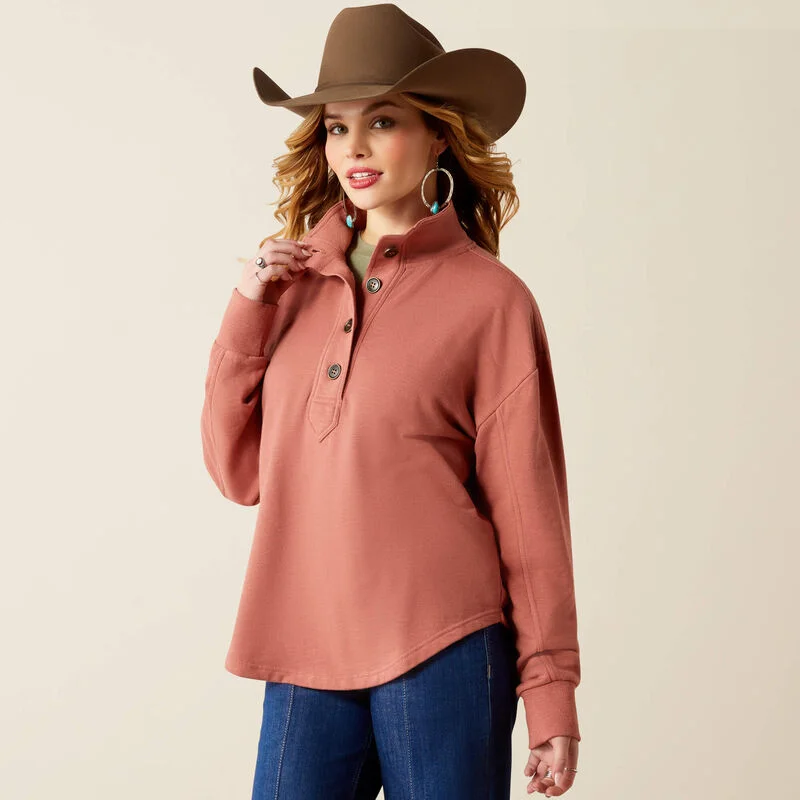 Ariat Women's Lucky Rose 1/2 Button Sweatshirt in Light Mahogany Hoodie with Side Slits Relaxed Casual