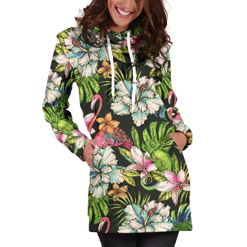 Hawaiian Aloha Tropical Pattern Print Pullover Hoodie Dress Hoodie with Raw Hem Edgy Unfinished