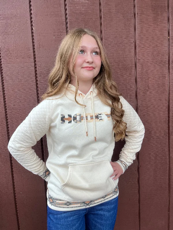 Hooey Cream Quilted Pattern Aztec Accent Hoodie HH1256CR Hoodie with Batwing Sleeves Loose Dramatic