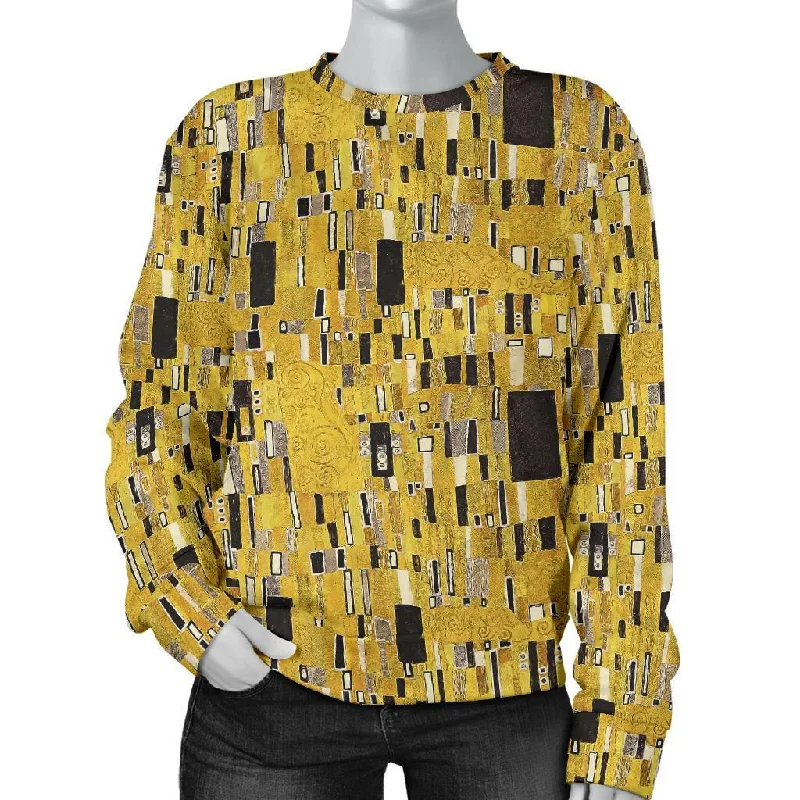 Klimt Gold Print Pattern Women's Sweatshirt Hoodie with Hem Embroidery Detailed Premium Klimt Gold Print Pattern Women's Sweatshirt Hoodie with Hem Embroidery Detailed Premium