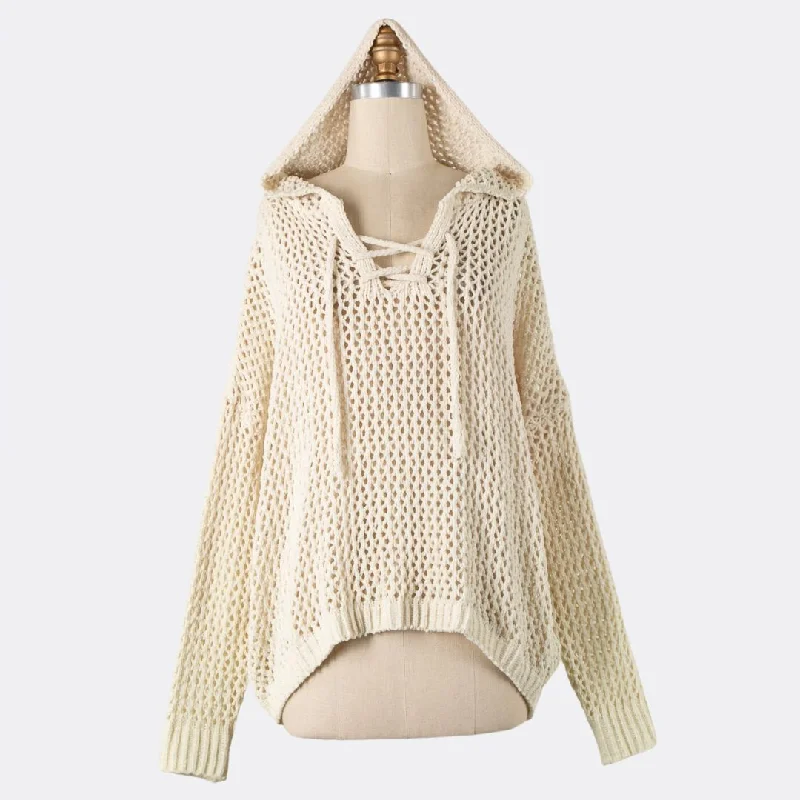 Lace Up Open Cable Knit Chenille Hoodie Sweater (Beige) Hoodie with Contrast Stitching Detailed Premium Lace Up Open Cable Knit Chenille Hoodie Sweater (Beige) Hoodie with Contrast Stitching Detailed Premium