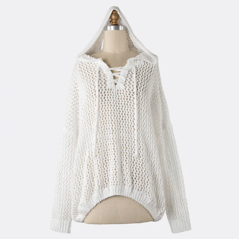 Lace Up Open Cable Knit Chenille Hoodie Sweater (White) Hoodie with Earth Tones Natural Calm Lace Up Open Cable Knit Chenille Hoodie Sweater (White) Hoodie with Earth Tones Natural Calm