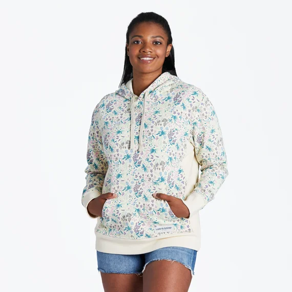 Women's Botanical Butterfly Pattern Simply True Fleece Hoodie - Putty White Hoodie with Hem Fringe Bohemian Relaxed