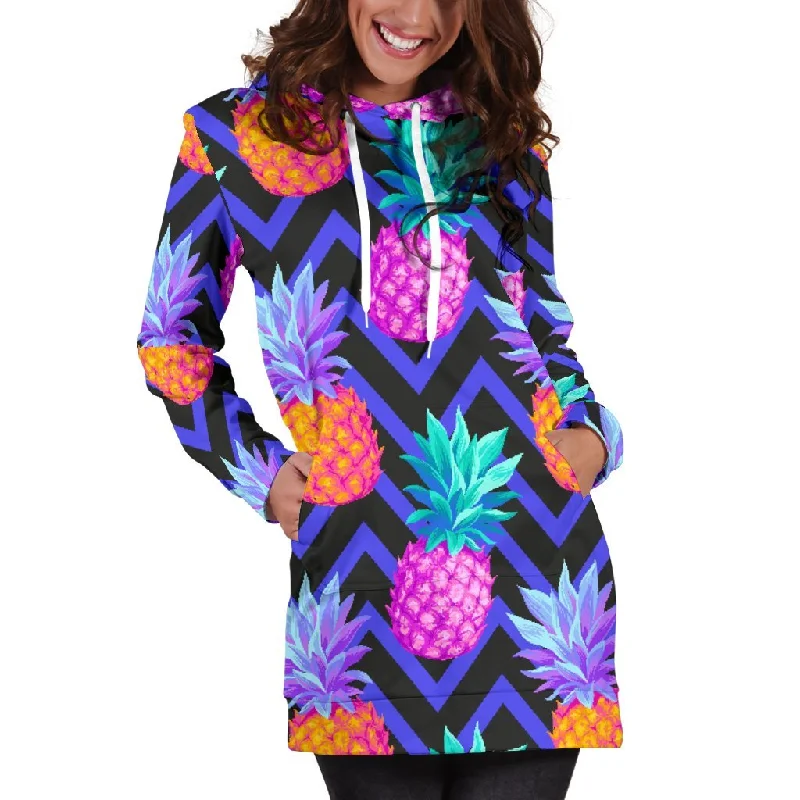 Neon EDM Zig Zag Pineapple Pattern Print Pullover Hoodie Dress Hoodie with Fur Luxurious Winter Neon EDM Zig Zag Pineapple Pattern Print Pullover Hoodie Dress Hoodie with Fur Luxurious Winter