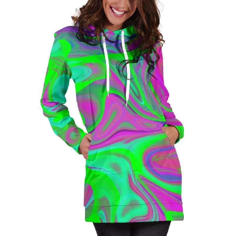 Neon Green Pink Psychedelic Trippy Print Pullover Hoodie Dress Hoodie with Belted Waist Structured Tailored Neon Green Pink Psychedelic Trippy Print Pullover Hoodie Dress Hoodie with Belted Waist Structured Tailored