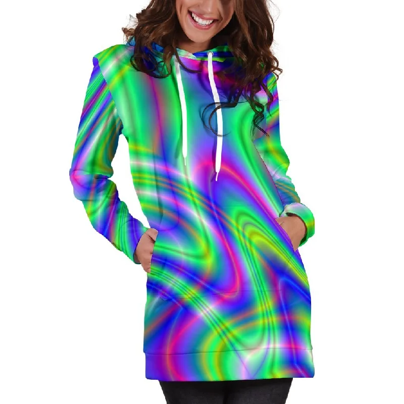 Neon Green Psychedelic Trippy Print Pullover Hoodie Dress Hoodie with High Neck Warm Protective Neon Green Psychedelic Trippy Print Pullover Hoodie Dress Hoodie with High Neck Warm Protective