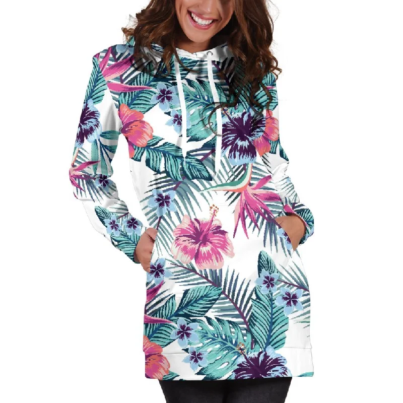 Neon Hibiscus Tropical Pattern Print Pullover Hoodie Dress Hoodie with Raglan Sleeves Sporty Comfortable Neon Hibiscus Tropical Pattern Print Pullover Hoodie Dress Hoodie with Raglan Sleeves Sporty Comfortable