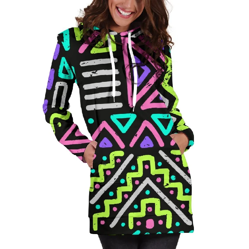 Neon Native Aztec Pattern Print Pullover Hoodie Dress Hoodie with Metallic Shiny Futuristic Neon Native Aztec Pattern Print Pullover Hoodie Dress Hoodie with Metallic Shiny Futuristic
