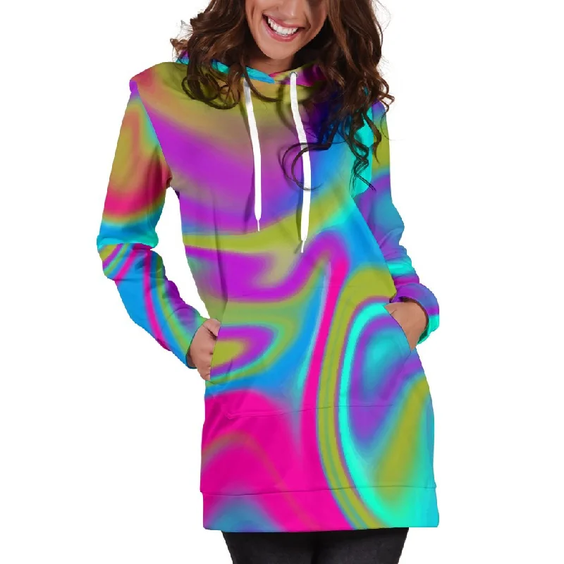 Neon Psychedelic Trippy Print Pullover Hoodie Dress Hoodie with Logo Branding Identity Neon Psychedelic Trippy Print Pullover Hoodie Dress Hoodie with Logo Branding Identity