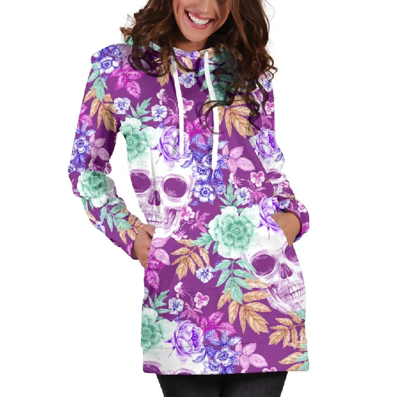 Neon Skull Floral Pattern Print Pullover Hoodie Dress Hoodie with Hem Drawcord Adjustable Customizable Neon Skull Floral Pattern Print Pullover Hoodie Dress Hoodie with Hem Drawcord Adjustable Customizable