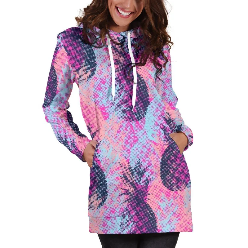 Neon Trippy Pineapple Pattern Print Pullover Hoodie Dress Hoodie with Drawstring Waist Adjustable Fitted Neon Trippy Pineapple Pattern Print Pullover Hoodie Dress Hoodie with Drawstring Waist Adjustable Fitted