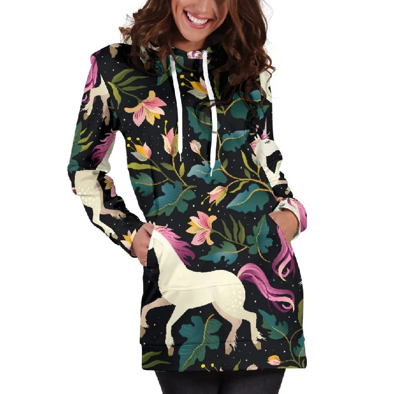 Night Floral Unicorn Pattern Print Pullover Hoodie Dress Hoodie with Monochrome Minimalist Simple Night Floral Unicorn Pattern Print Pullover Hoodie Dress Hoodie with Monochrome Minimalist Simple