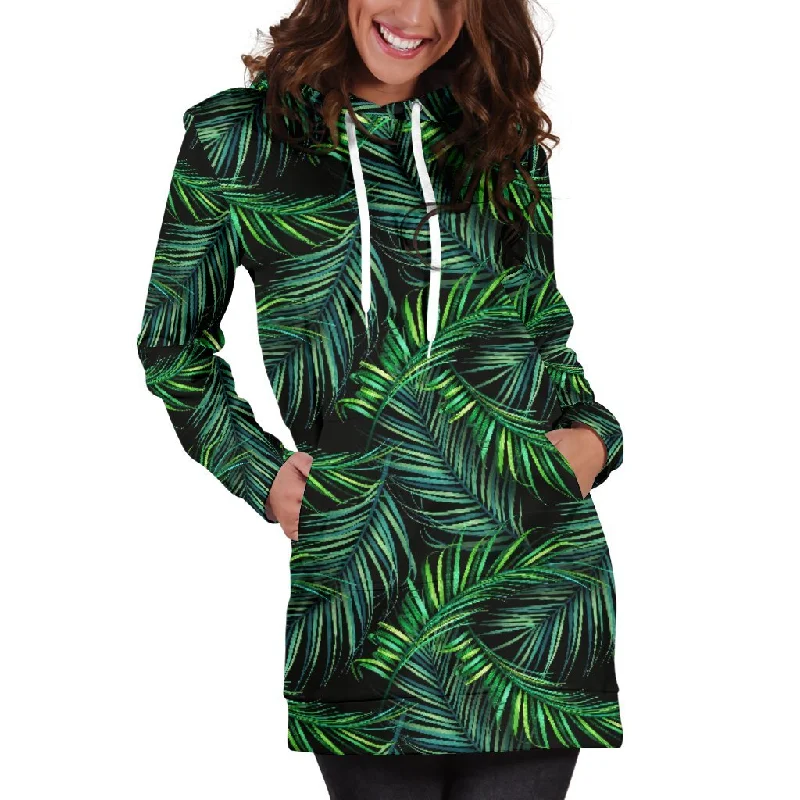 Night Tropical Palm Leaves Pattern Print Pullover Hoodie Dress Hoodie with Reflective Safety Nightwear Night Tropical Palm Leaves Pattern Print Pullover Hoodie Dress Hoodie with Reflective Safety Nightwear