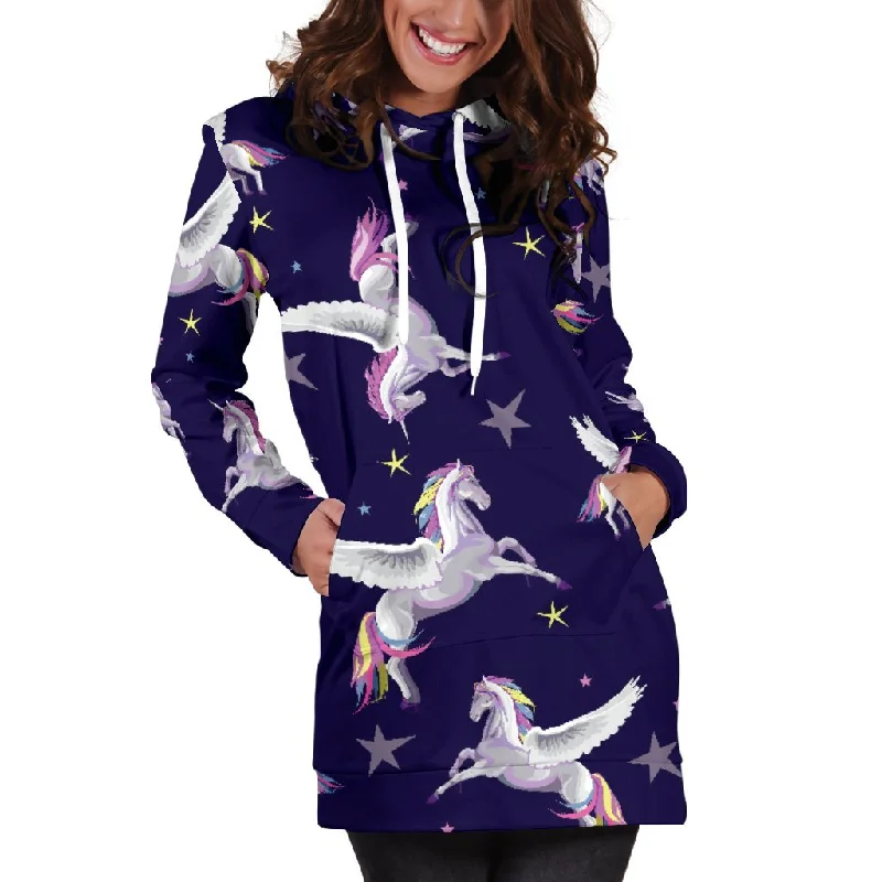 Night Winged Unicorn Pattern Print Pullover Hoodie Dress Hoodie with Embroidery Detailed Premium Night Winged Unicorn Pattern Print Pullover Hoodie Dress Hoodie with Embroidery Detailed Premium