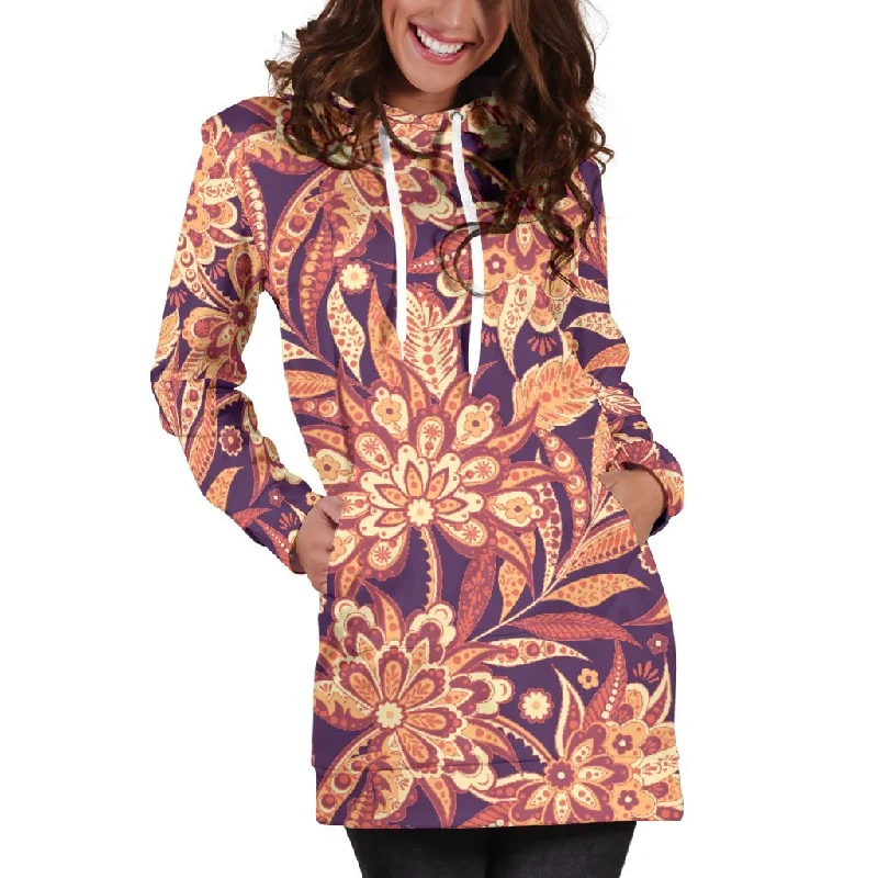 Orange Bohemian Floral Pattern Print Pullover Hoodie Dress Hoodie with Double Zipper Versatile Adjustable Orange Bohemian Floral Pattern Print Pullover Hoodie Dress Hoodie with Double Zipper Versatile Adjustable