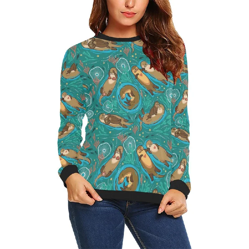 Otter Print Pattern Women Crewneck Sweatshirt Hoodie with Metallic Shiny Futuristic