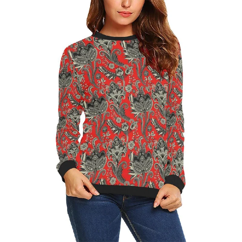 Red Paisley Pattern Print Women Crewneck Sweatshirt Hoodie with Elastic Cuffs Stretchable Comfortable Red Paisley Pattern Print Women Crewneck Sweatshirt Hoodie with Elastic Cuffs Stretchable Comfortable