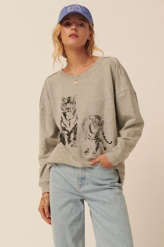 Twin Tigers Vintage-Print Graphic Sweatshirt Hoodie with Slit Hem Functional Movement