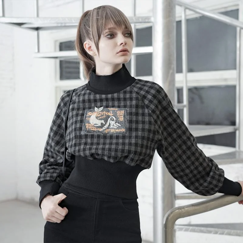 Women's Gothic High Collar Plaid Short Sweatshirts Hoodie with Button Placket Classic Preppy Women's Gothic High Collar Plaid Short Sweatshirts Hoodie with Button Placket Classic Preppy
